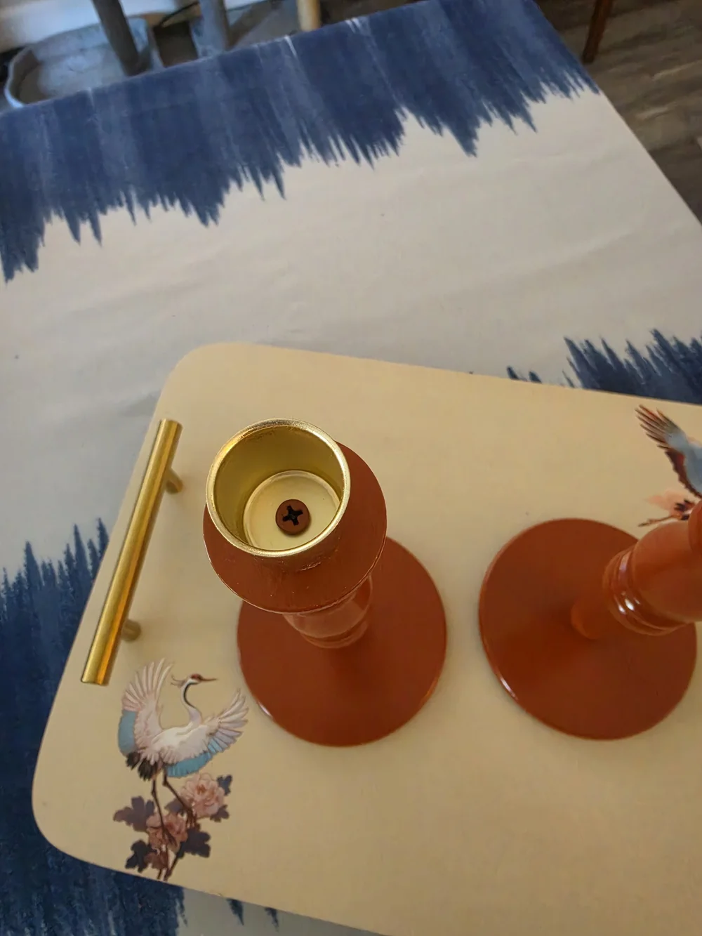 Pair of hand-turned vintage wooden candlestick holders Warm Terracotta hue